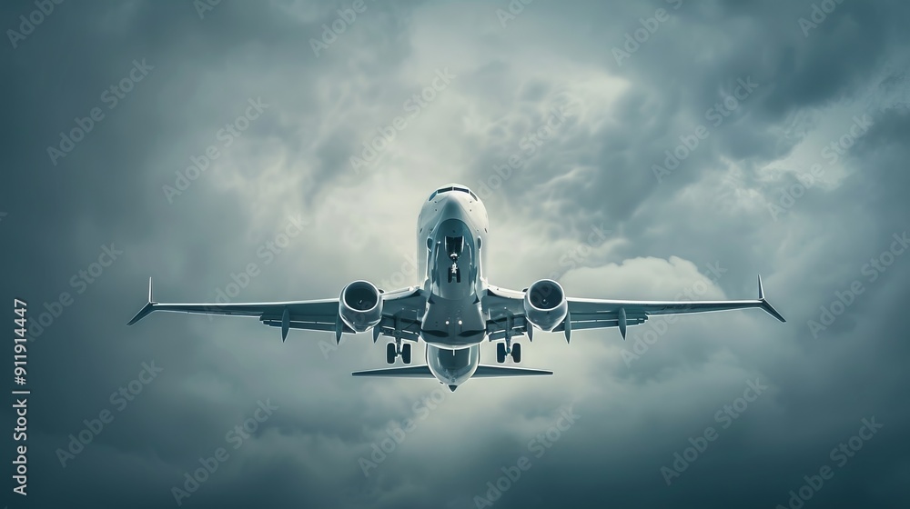 Obraz premium Airplane flying through stormy skies, front view image.