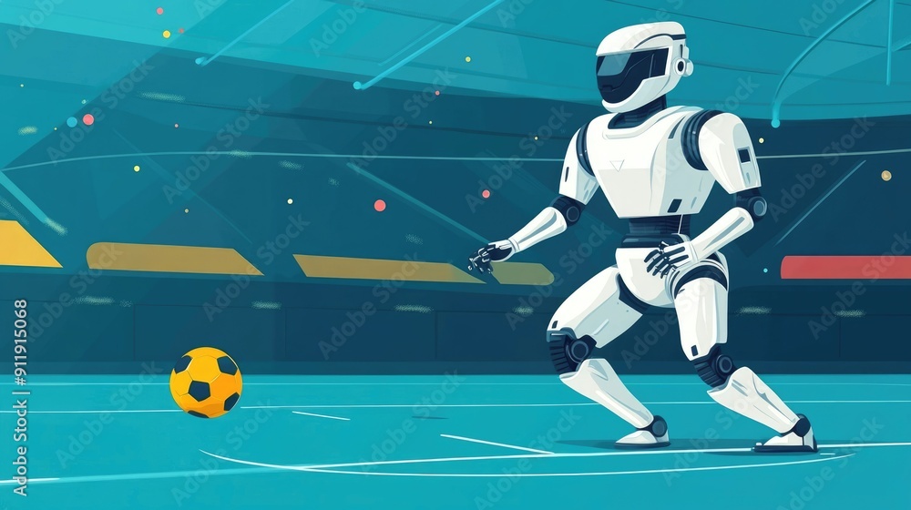 of a futuristic humanoid robot athlete playing soccer or football in a high tech modern sports training arena or stadium The robot is in action kicking or dribbling a ball on a digital of a futuristic humanoid robot athlete playing soccer or football in a high tech modern sports training arena or stadium The robot is in action kicking or dribbling a ball on a digital