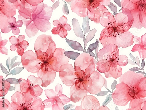 Fototapeta Naklejka Na Ścianę i Meble -  Watercolor seamless pattern with cherry blossom flowers.