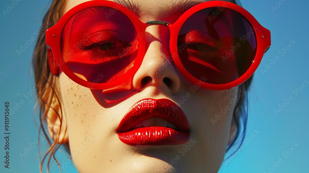 Profile of a person in red sunglasses against blue sky. Profile of a person in red sunglasses against blue sky.