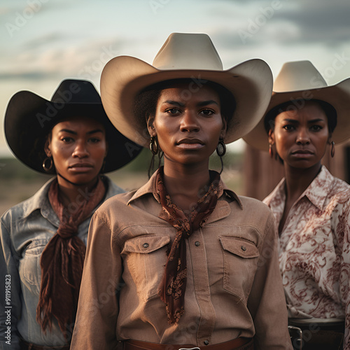 Black Women Cowgirls Posing in front of a Farm Wearing Cowboy Hats