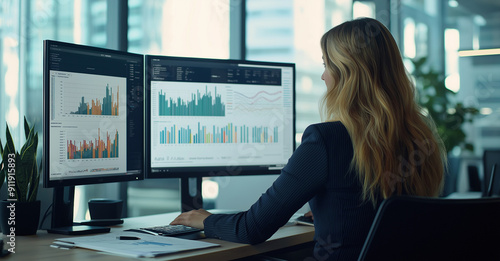 A business woman sits at her desk in an office, using two monitors to view and display graphs and data analytics on both screens, creating charts for company performance.