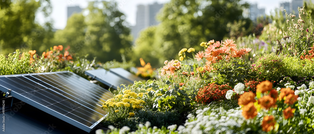 Fototapeta premium Urban rooftop gardens with solar panels, illustrating sustainable living.