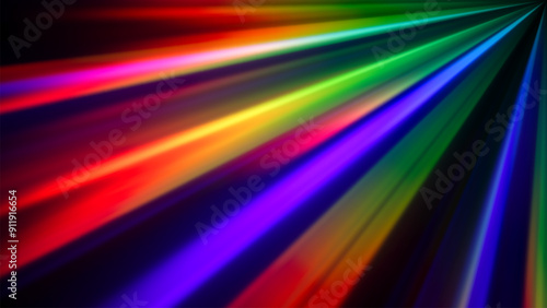 Rainbow gradient dispersion glowing rays and flare effects on dark background. Dynamic design with colorful flowing vibrant radiant beams for creative poster, banner or cover. Vector illustration