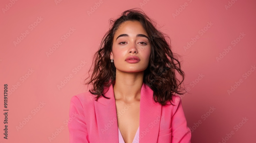 A young woman with long dark hair wearing a bright pink blazer against a matching pink background. A young woman with long dark hair wearing a bright pink blazer against a matching pink background.