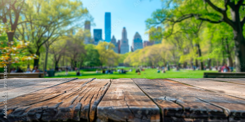 Fototapeta premium A empty wooden table with a view of a city and a park. Central Park