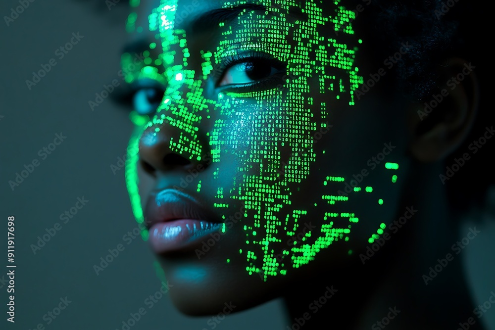 African girl with binary code, cyber security concept. African girl with binary code, cyber security concept.