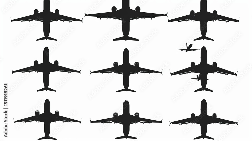 Fototapeta premium Group of black airplane silhouettes seen from above
