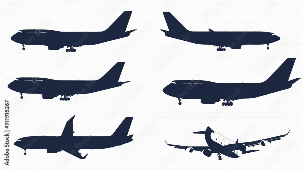 Series of black airplane side and bottom view silhouettes Series of black airplane side and bottom view silhouettes