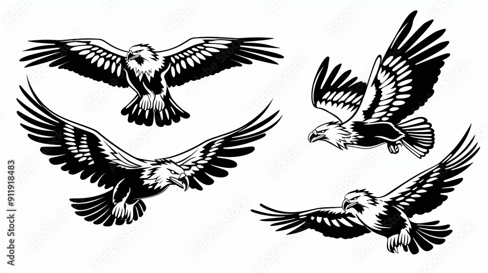 Fototapeta premium Black and white silhouettes of eagles in mid-flight