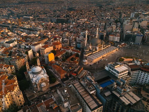 Aerial View of Istanbul's Taksim Square and Mosques photo