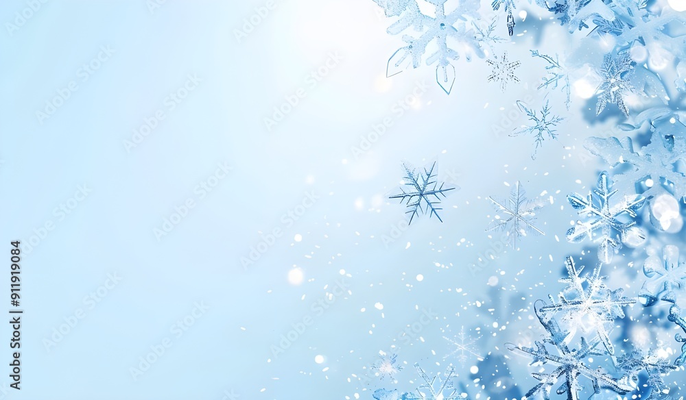 A background of light blue with snowflakes falling in the center, creating an atmosphere suitable for Christmas and New Year events. The image has a white border at the bottom to create space. A background of light blue with snowflakes falling in the center, creating an atmosphere suitable for Christmas and New Year events. The image has a white border at the bottom to create space.