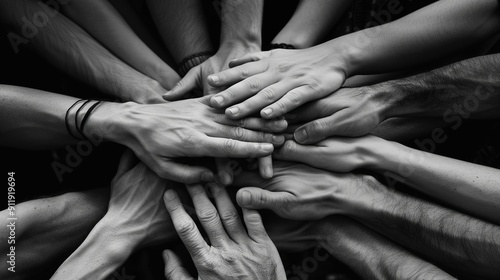 Black and white hands joined together in unity.