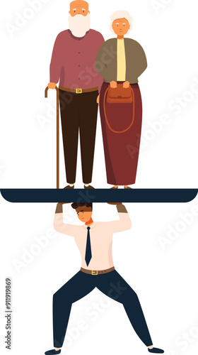 Businessman struggling to carry the weight of an elderly couple on his back, concept of aging population and social security
