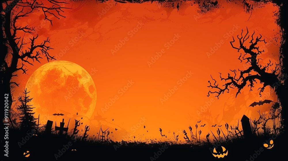 Halloween themed night frame with a blood-red moon, silhouettes of trees, a church, bats, a graveyard, and jack-o'-lanterns in the foreground Halloween themed night frame with a blood-red moon, silhouettes of trees, a church, bats, a graveyard, and jack-o'-lanterns in the foreground