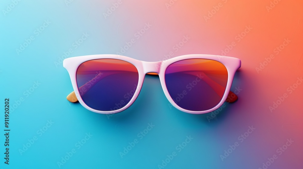 White sunglasses with color gradient lenses on display. White sunglasses with color gradient lenses on display.