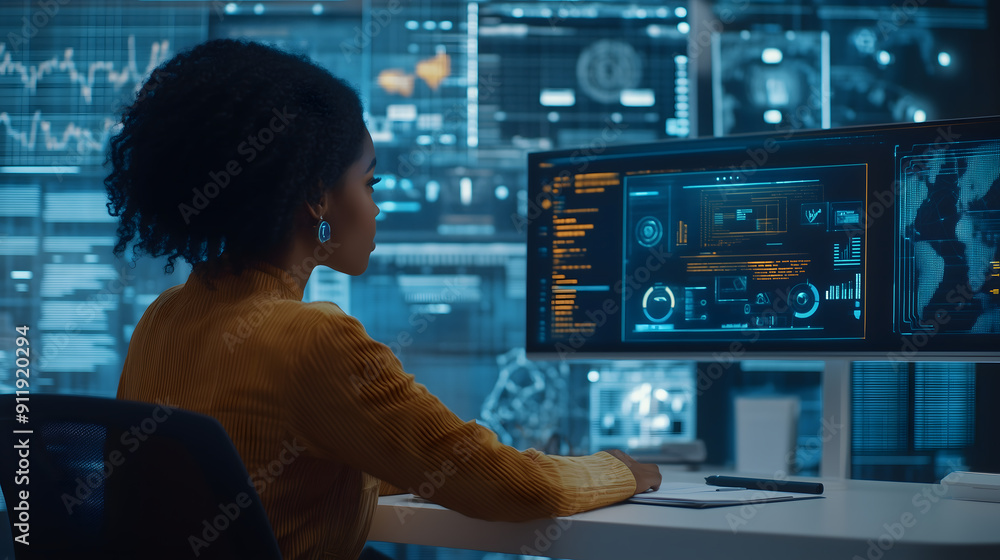 Black woman working in office and futuristic graphical user interface concept. ICT (Information Communication Technology). System engineering. Black woman working in office and futuristic graphical user interface concept. ICT (Information Communication Technology). System engineering.