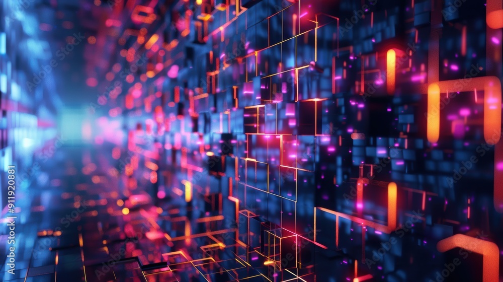 Neon Cube Grid: Abstract Digital Technology Background Neon Cube Grid: Abstract Digital Technology Background