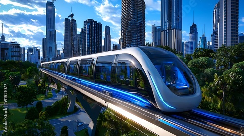 A modern monorail travels through a vibrant cityscape, blending technology with urban architecture under a bright blue sky. photo