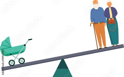 Illustration of declining birth rate with baby stroller outweighed by senior couple on seesaw