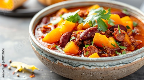 Fusion Mexican pozole with seasonal butternut squash and spicy chorizo, served in a rustic bowl Hearty and flavorful, rich and comforting, seasonal twist, Mexican soup photo