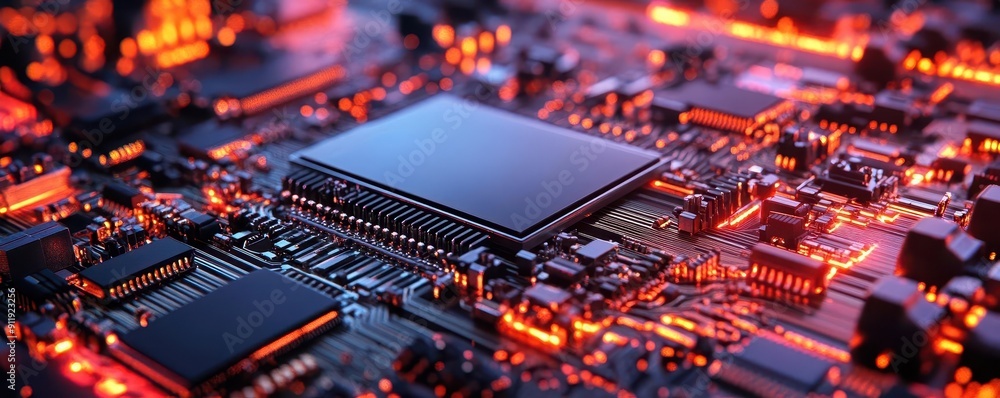 Obraz premium Manufacturing technology, vibrant colors, tech setting, close-up, modern