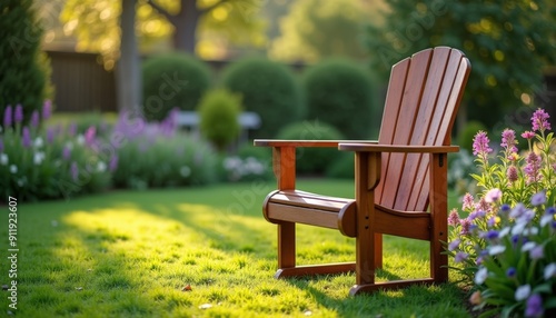 Wooden Chair on Green Grass with Flowers.