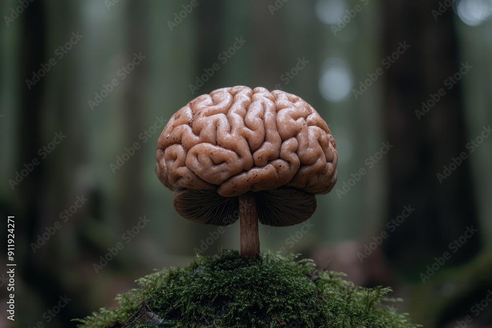 Detailed view of a human brain mushroom growing on moss Detailed view of a human brain mushroom growing on moss