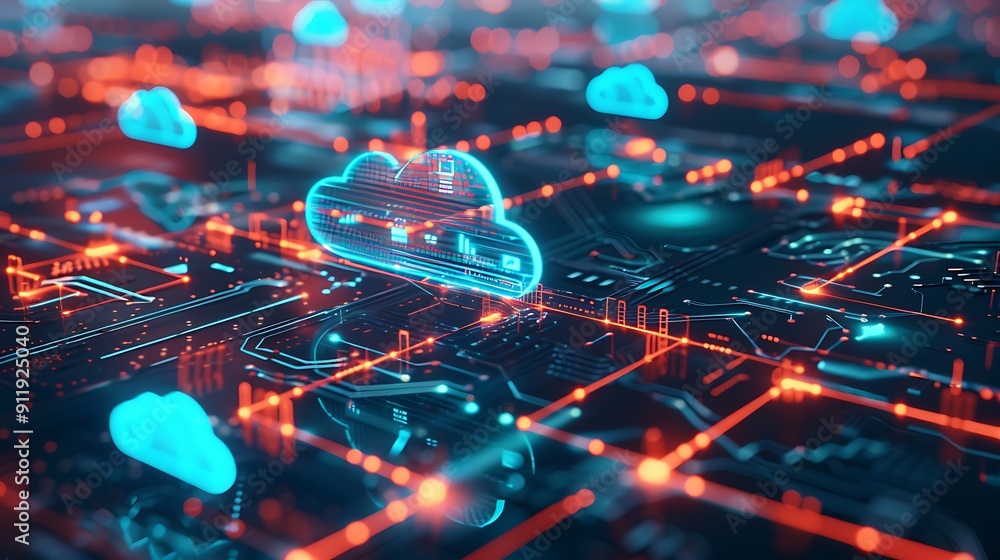 Cloud Computing Concept with Circuit Board and Neon Lights Cloud Computing Concept with Circuit Board and Neon Lights