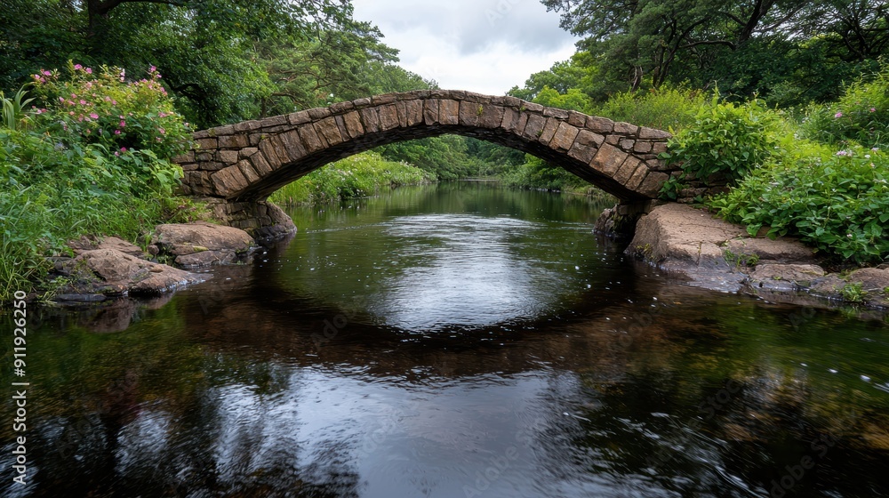 Serene stone bridge over tranquil forest stream Serene stone bridge over tranquil forest stream
