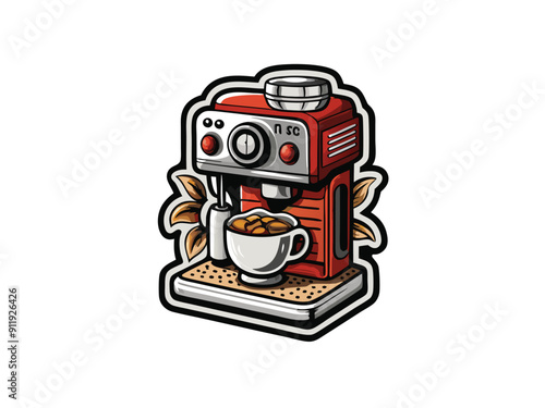 Illustration of a red coffee maker with a white cup and coffee beans.