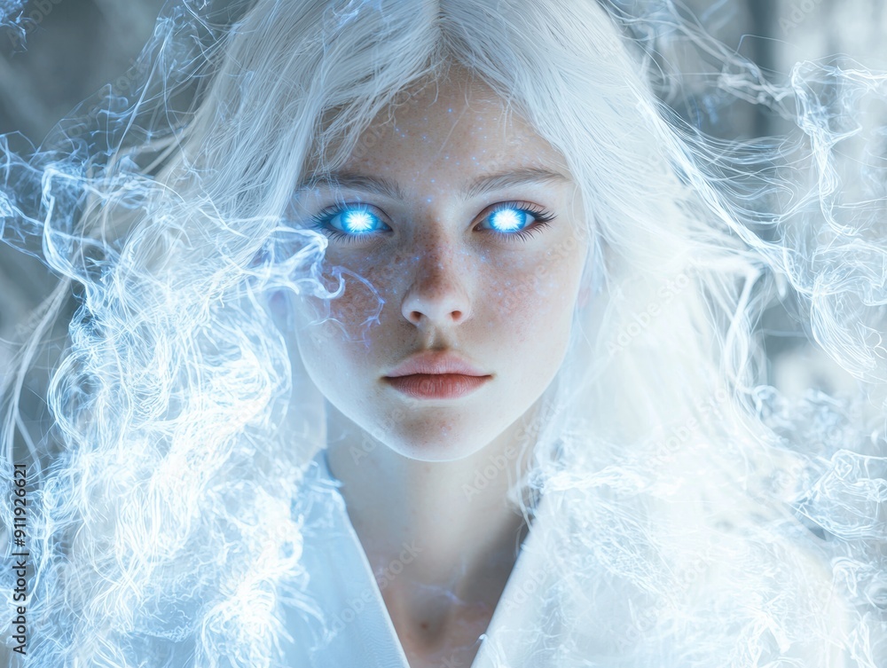 Ethereal winter portrait of a young woman with glowing eyes Ethereal winter portrait of a young woman with glowing eyes
