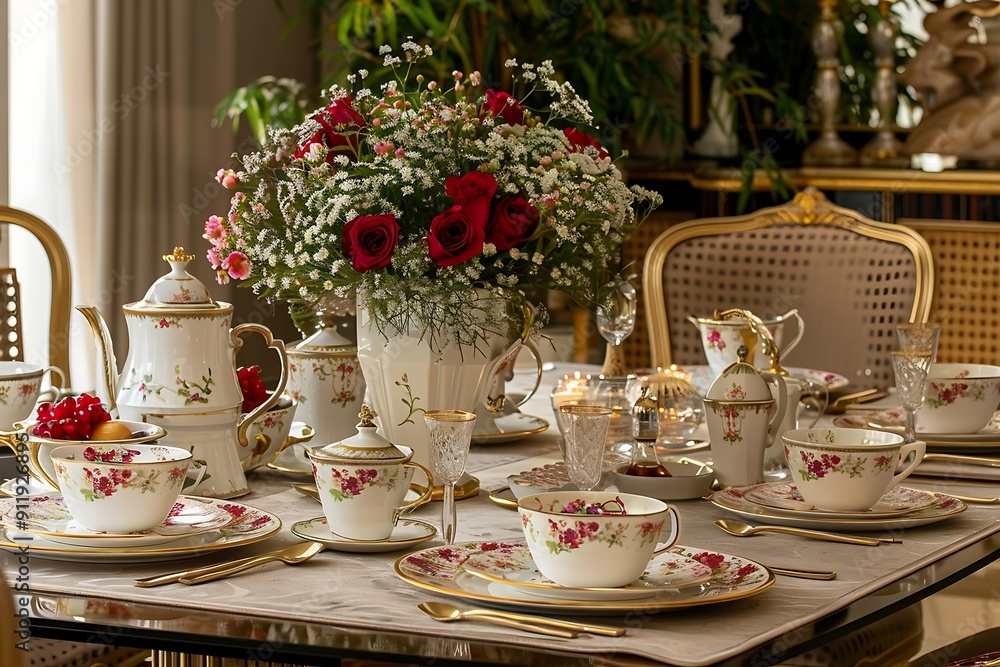 Elegant table setting with croissants, cupcakes and tea Elegant table setting with croissants, cupcakes and tea