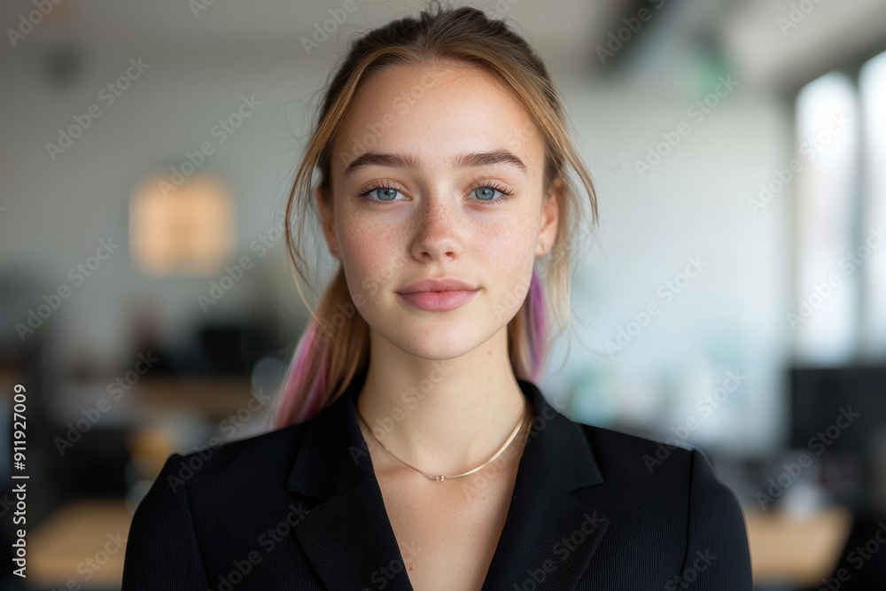 young woman with pink hair wearing black blazer young woman with pink hair wearing black blazer