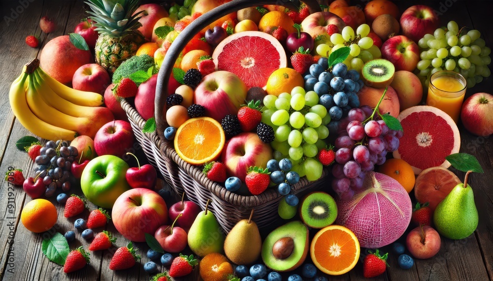 Fresh Fruit Basket with Grapes, Apples, Oranges, and Kiwi - Healthy Eating Concept. Fresh Fruit Basket with Grapes, Apples, Oranges, and Kiwi - Healthy Eating Concept.