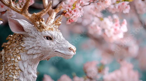 Ornate golden deer statue surrounded by blooming cherry blossoms