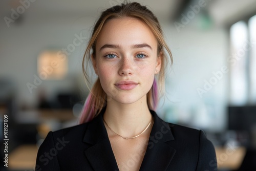 young woman with pink hair wearing black blazer