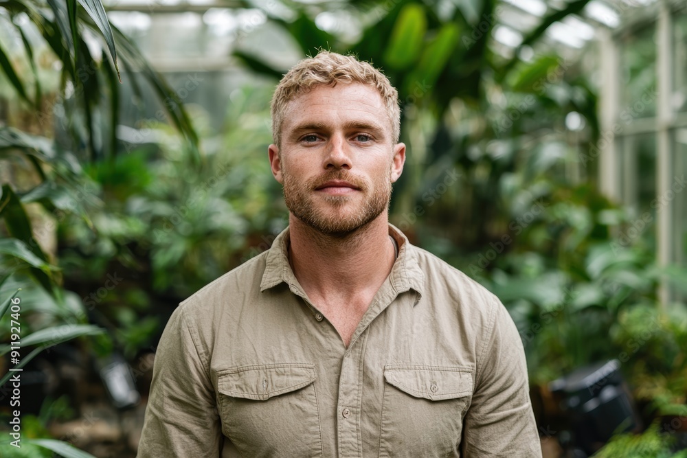 man with beard in tropical greenhouse man with beard in tropical greenhouse