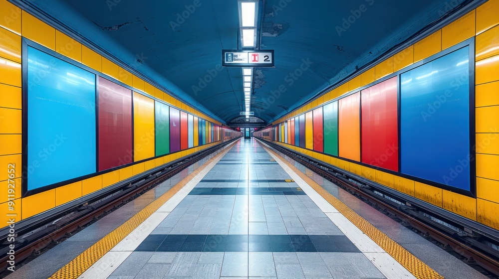 Obraz premium Empty subway platform with colorful tiles and yellow accents.