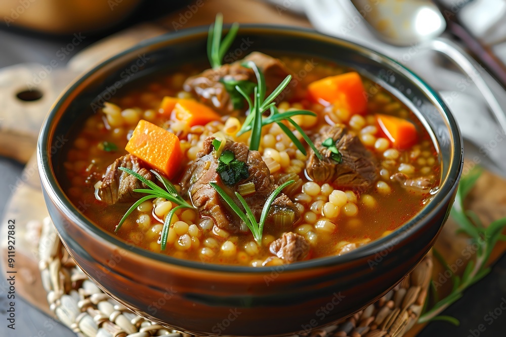 Beef soup with pearl barley and vegetables in a rustic bowl Beef soup with pearl barley and vegetables in a rustic bowl