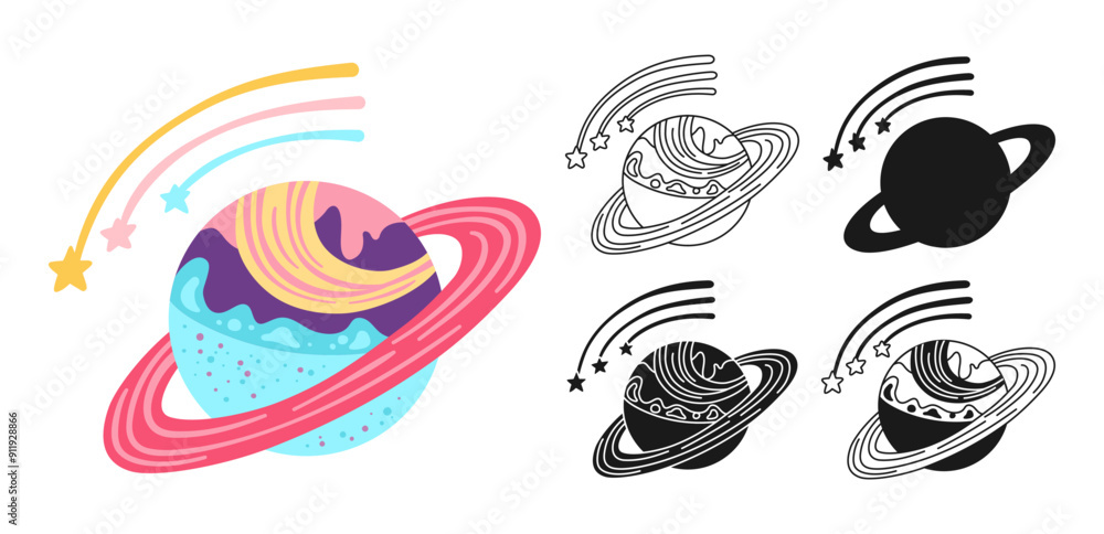 Obraz premium Fantasy Planet with ring cartoon set for children. Fantastic cosmos sign icon linear design. Abstract fantastic doodle galaxy comic kids planet symbol. Astronomical vector space sphere for website app