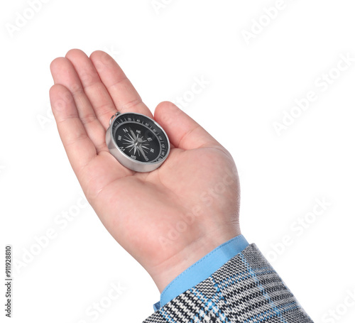 Man holding compass on white background, closeup