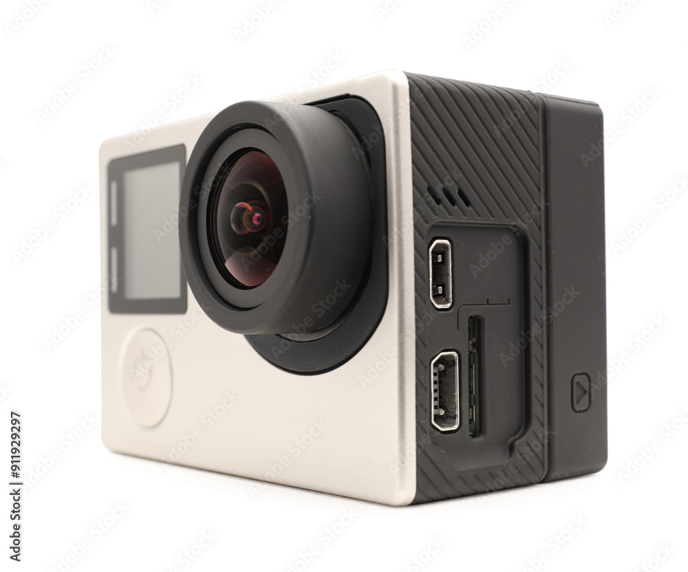 One modern action camera isolated on white One modern action camera isolated on white