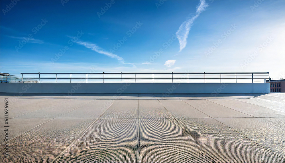 A sunny day on the roof of a school building. A rooftop view with concrete, railings and blue sky. A sunny day on the roof of a school building. A rooftop view with concrete, railings and blue sky.