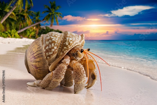 Closeup of a hermit crab on a tropical beach coast animal summer ocean sand crabs lover sea life orange sunset nature aquatic seashell marine