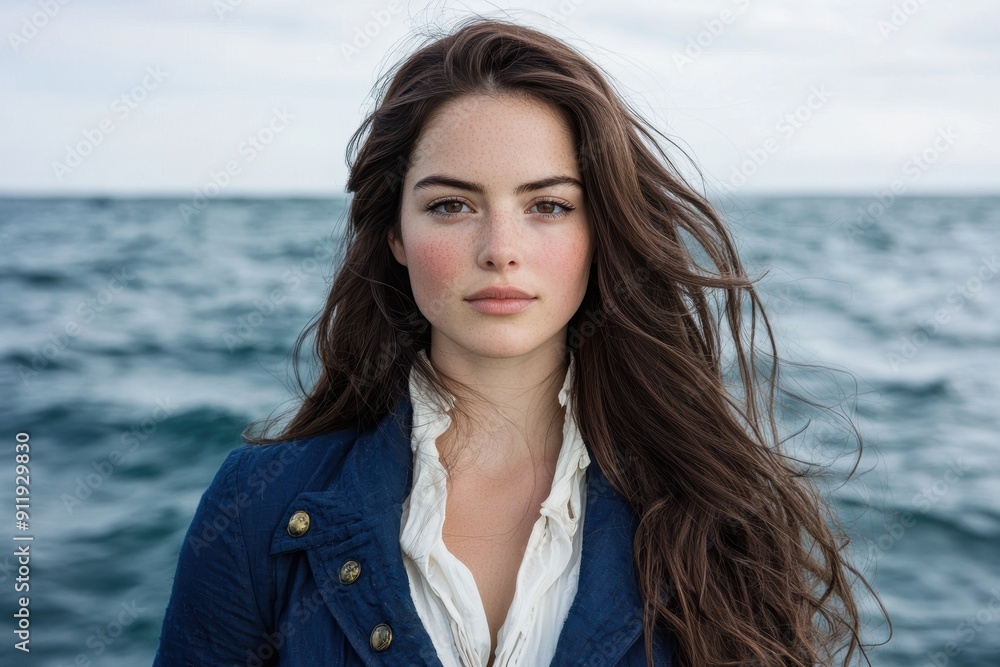 Windswept woman with long brown hair gazing out over the ocean Windswept woman with long brown hair gazing out over the ocean