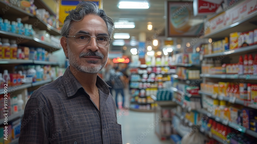 Middle-Aged Man in a Supermarket Aisle Middle-Aged Man in a Supermarket Aisle