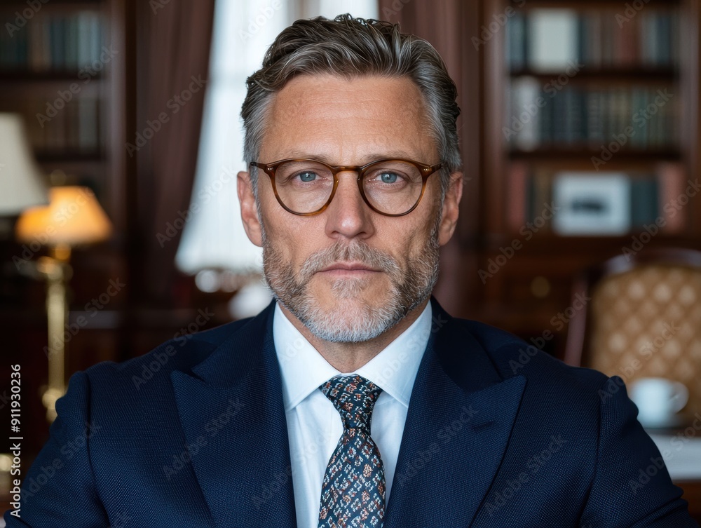 Serious businessman with glasses and beard in a study Serious businessman with glasses and beard in a study