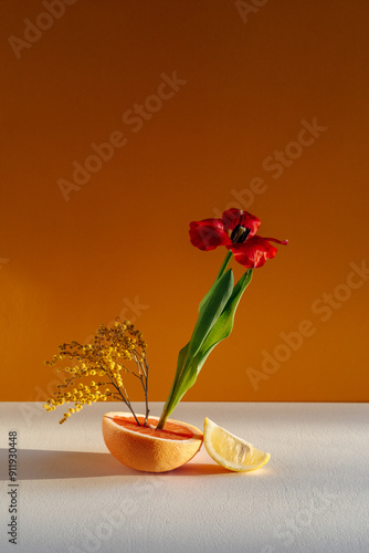 Still life, grapefruit with red tulip, yellow flowers, and lemon slice