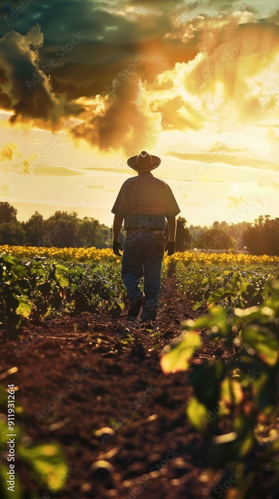 Farmer walks through field during golden sunset. Farmer walks through field during golden sunset.